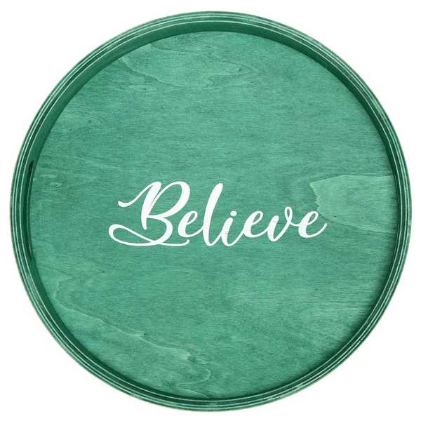 Elegant Designs "Believe" 13.75" Round Wood Serving Tray with Handles HG2013-GBL